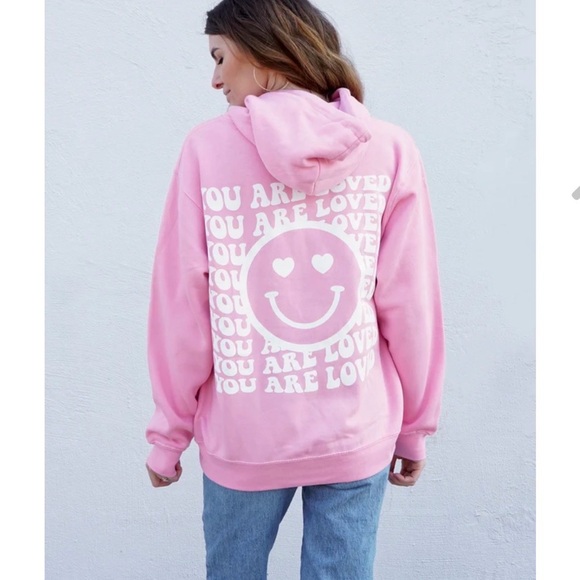 You Are Loved Valentine Pink Smiley Face Hoodie Sweatshirt by The Shop Forward - Picture 3 of 10